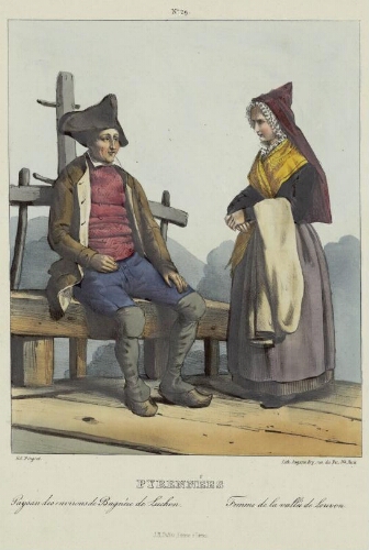 Costumes des Pyrénées N° 29 – Pyrénnées : Paysan des environs de Bagnère de Luchon ; Femme de la Vallée de Louron