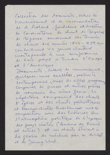 Lettres adressées à Alfred Roland et aux Chanteurs montagnards pendant leur tournée en Europe et en Amérique